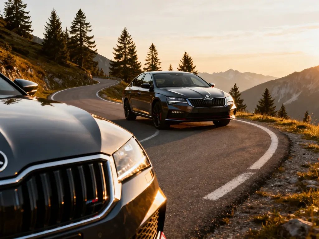 Skoda Superb RS zaparkowana na górskiej drodze w świetle zachodzącego słońca, podkreślającym jej nowoczesny design.