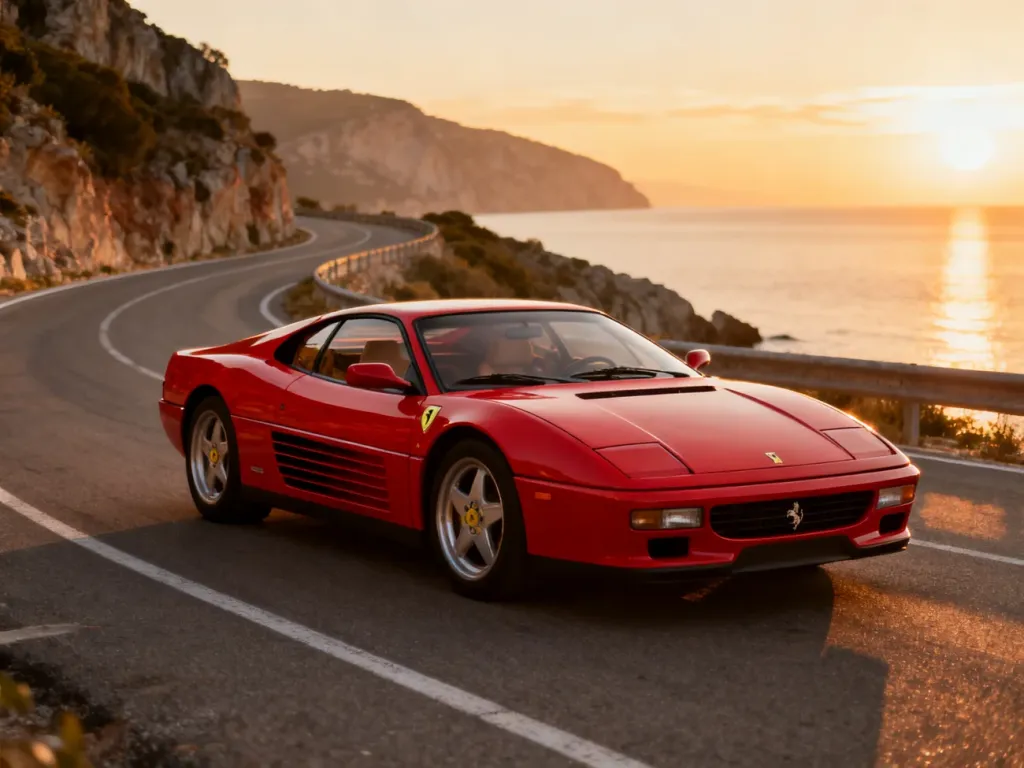 Czerwone Ferrari 348 zaparkowane na krętej nadmorskiej drodze podczas zachodu słońca, podkreślające jego klasyczny design.