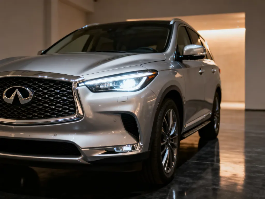 Srebrny SUV Infiniti QX60 w profesjonalnym oświetleniu studyjnym, prezentujący nowoczesny design przedniego pasa.
