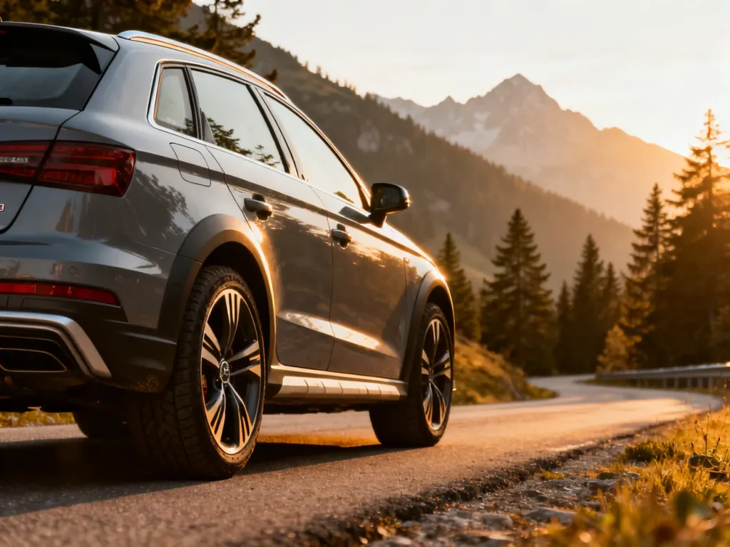Audi A3 allstreet zaparkowane na malowniczej górskiej drodze w świetle zachodzącego słońca.