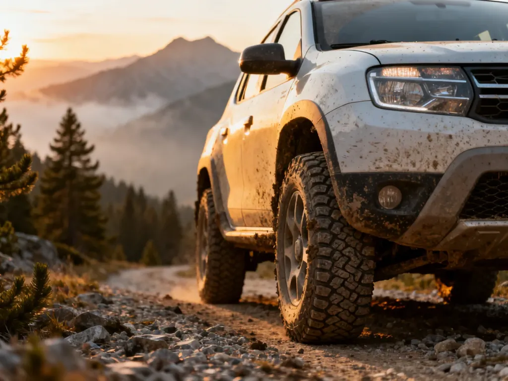 Dacia Duster 4x4 zaparkowana na górskim szlaku w świetle zachodzącego słońca, podkreślająca terenowy charakter pojazdu.