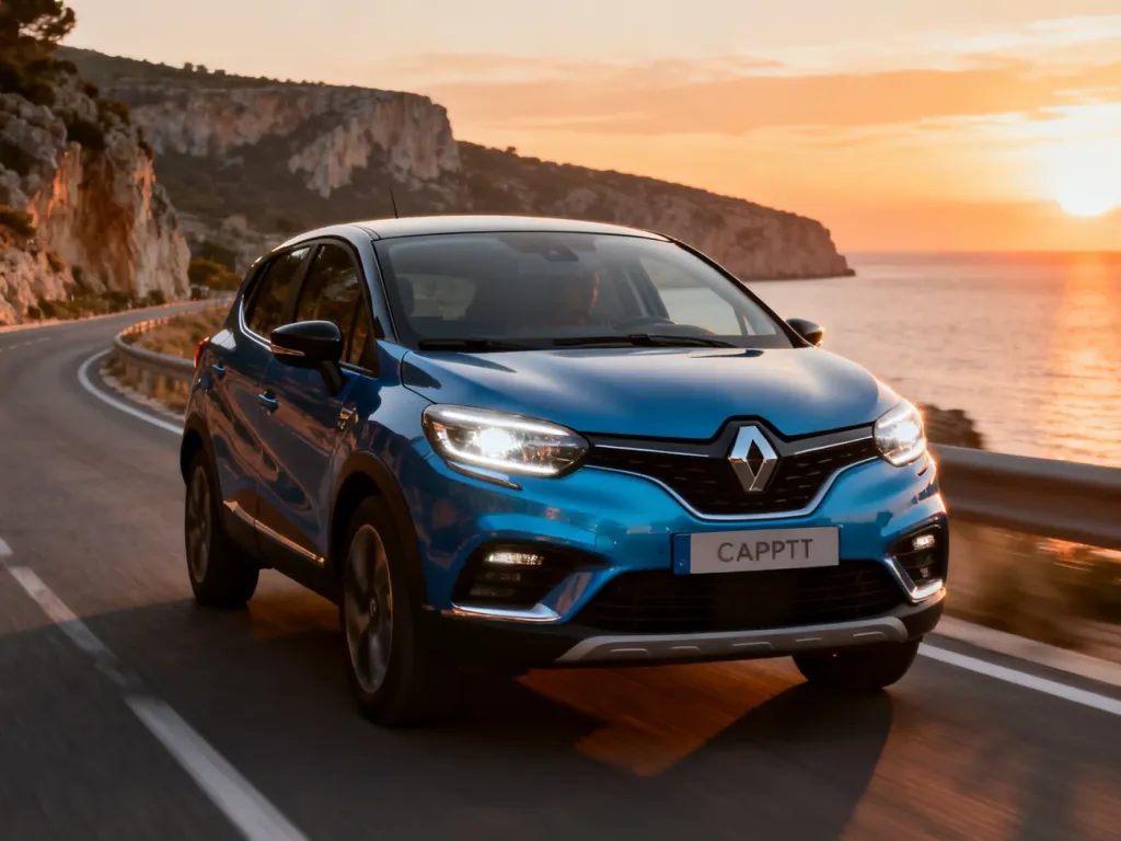 Niebieski Renault Captur jadący nadmorską drogą o zachodzie słońca, podkreślający nowoczesny design i charakter auta.