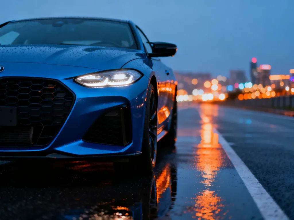 Niebieskie coupe Volkswagen Scirocco R zaparkowane na mokrym asfalcie w wieczornej scenerii miejskiej.