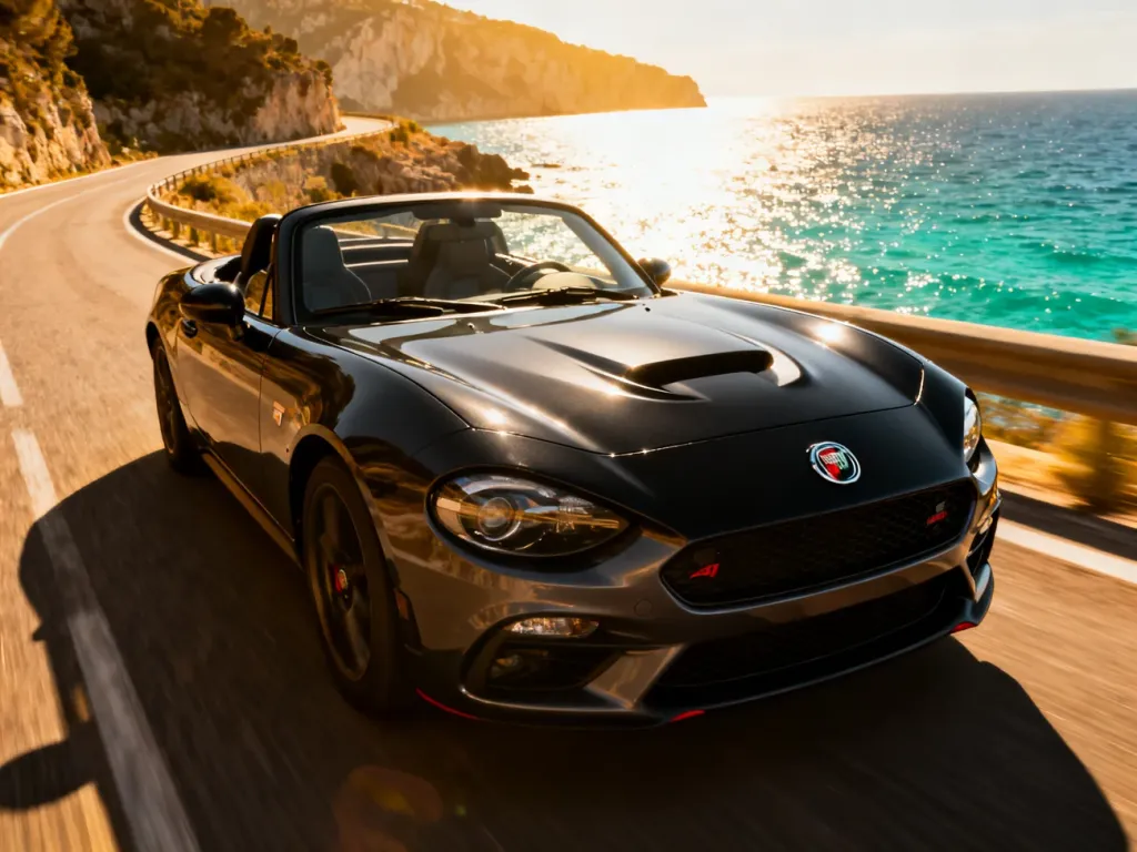 Abarth 124 Spider pędzący krętą drogą nad brzegiem morza, podkreślający sportowy charakter i dynamiczną sylwetkę auta.