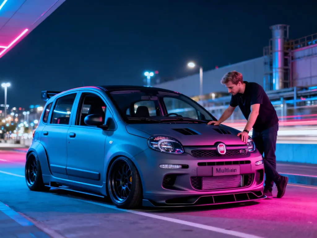Zmodyfikowany Fiat Multipla z obniżonym zawieszeniem i sportowym body kitem zaparkowany na nocnej, neonowej ulicy.