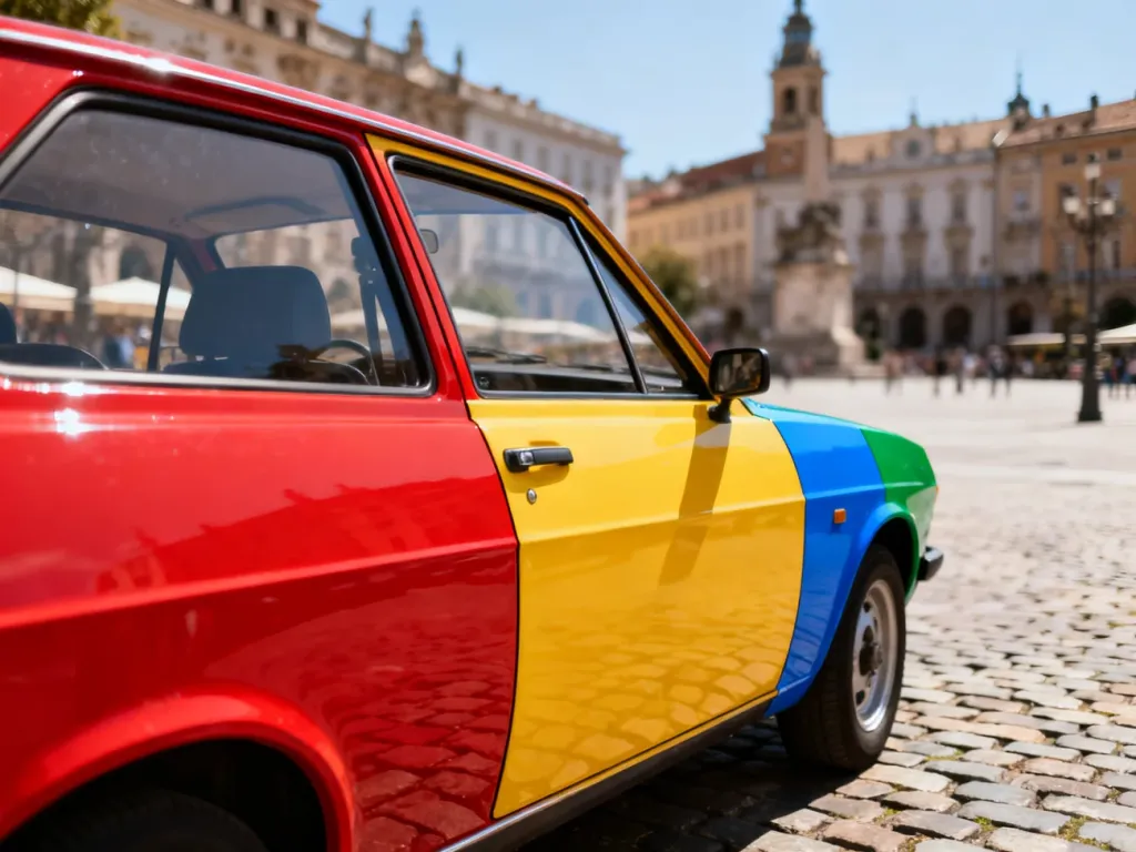 Volkswagen Polo Harlekin z charakterystycznymi, wielokolorowymi panelami nadwozia zaparkowany na brukowanej ulicy.
