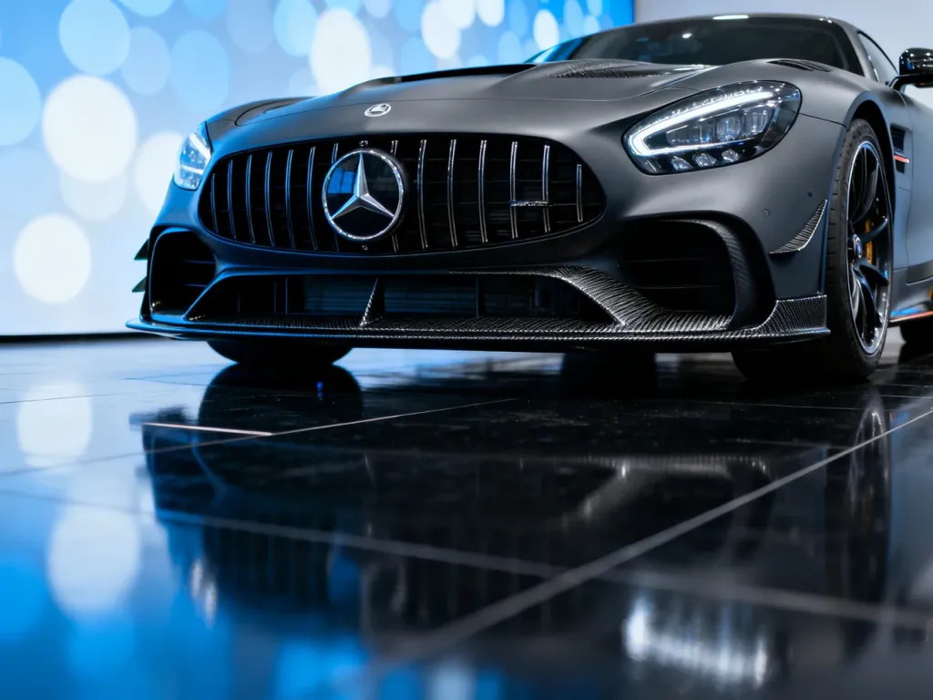 Matowy Mercedes AMG GT Black Series w studiu, prezentujący agresywny przedni splitter i aerodynamiczny design.