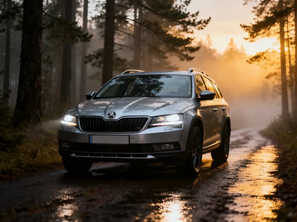 Srebrna Skoda Superb Scout zaparkowana na leśnej drodze w otoczeniu mglistego lasu o zmierzchu.