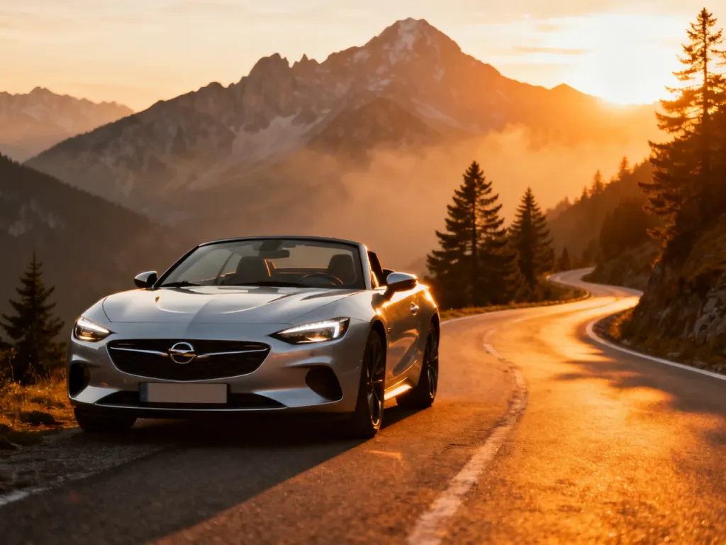 Srebrny Opel Speedster zaparkowany na krętej górskiej drodze w blasku zachodzącego słońca.