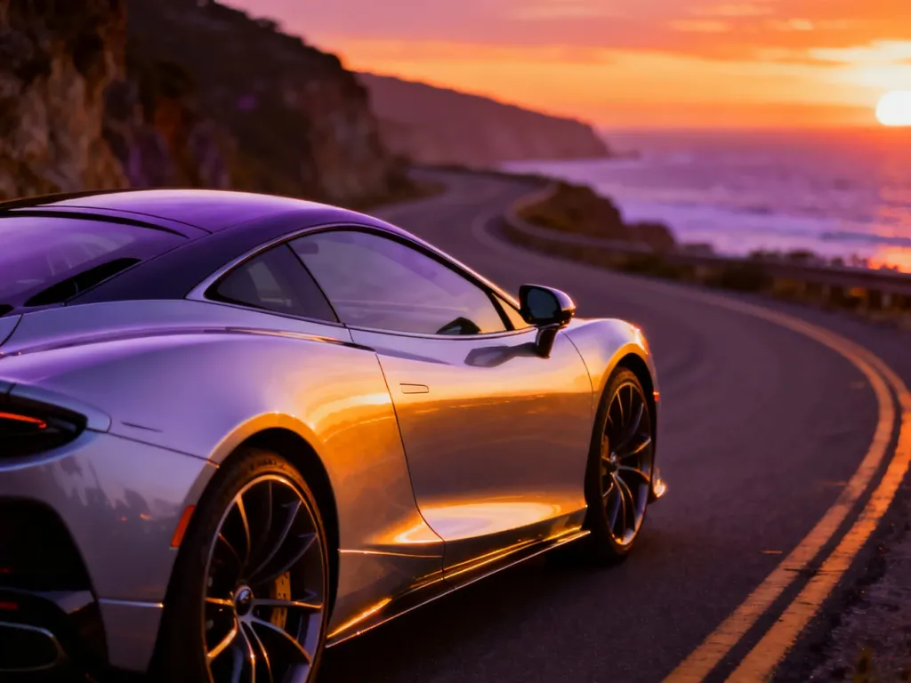 Srebrny McLaren GT zaparkowany na malowniczej, nadmorskiej drodze podczas zachodu słońca, podkreślającego aerodynamiczne linie auta.