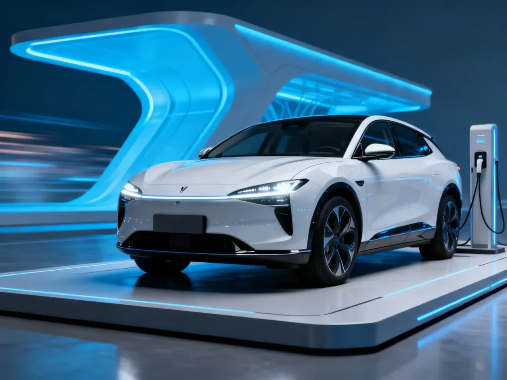 Biały elektryczny SUV BYD Tang zaparkowany na nowoczesnej stacji ładowania w futurystycznej scenerii.