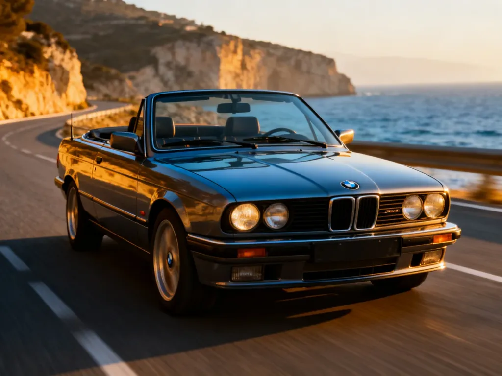 Klasyczne BMW E30 cabrio jadące malowniczą nadmorską drogą w świetle zachodzącego słońca.
