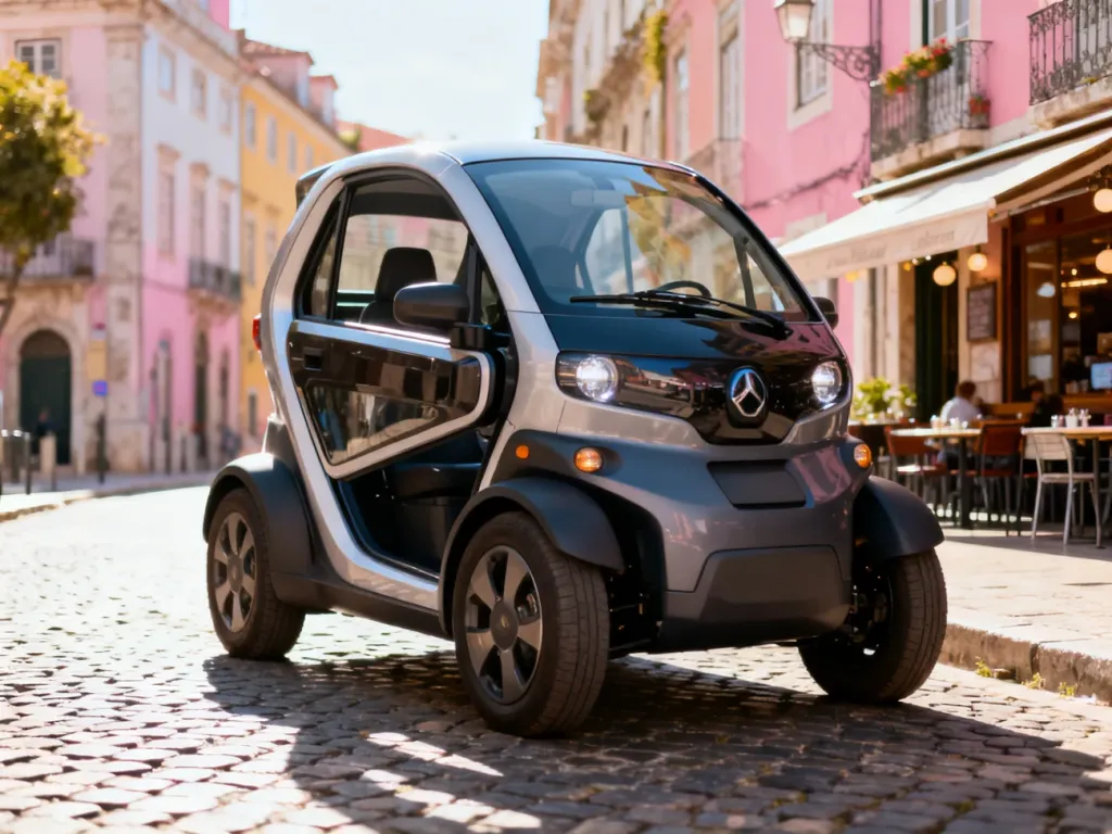 Nowoczesny, kompaktowy elektryczny Microlino zaparkowany na brukowanej ulicy w europejskim mieście.