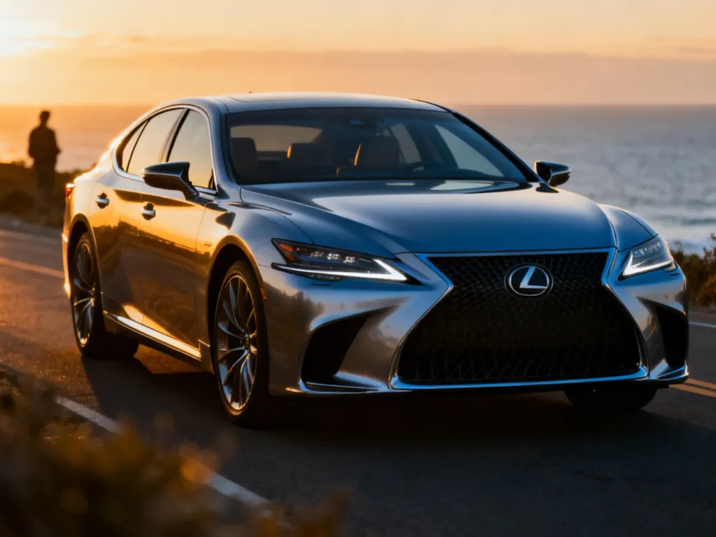 Nowoczesny Lexus LS500 zaparkowany na malowniczej nadmorskiej drodze podczas zachodu słońca.